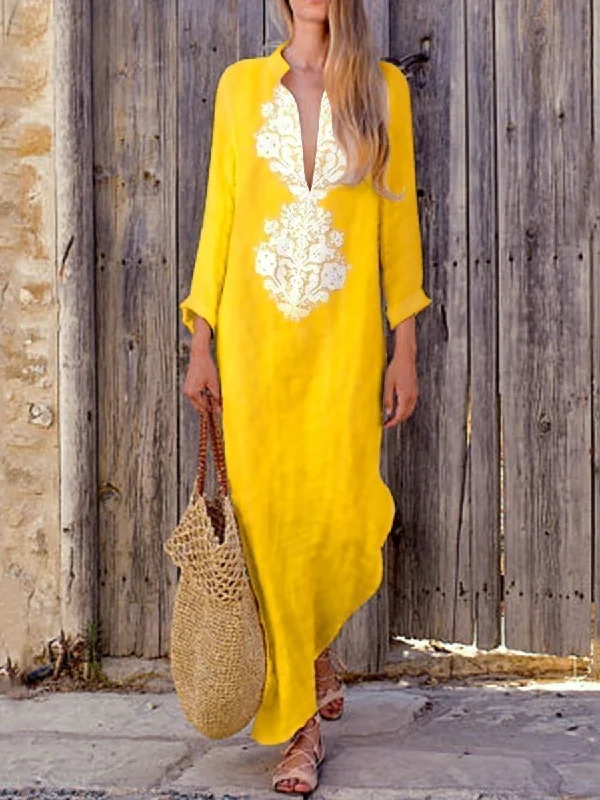 Fashionable Cotton Line Casual V-Neck Yellow Maxi Dresses Comfortable Bohemian Maxi Dress Fashionable Cotton Line Casual V-Neck Yellow Maxi Dresses Comfortable Bohemian Maxi Dress