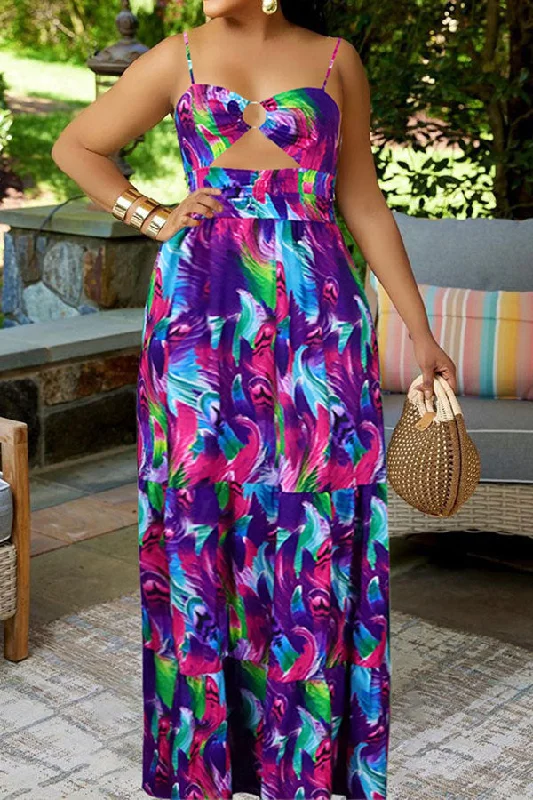 Feather Print Colorful Tiered Ruffle Maxi Dress Fashionable Maxi Dress with Fringe