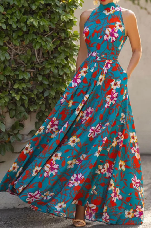 Floral Print Bohemia Lace-Up Belted Maxi Dress Stylish V-Neck Maxi Dress