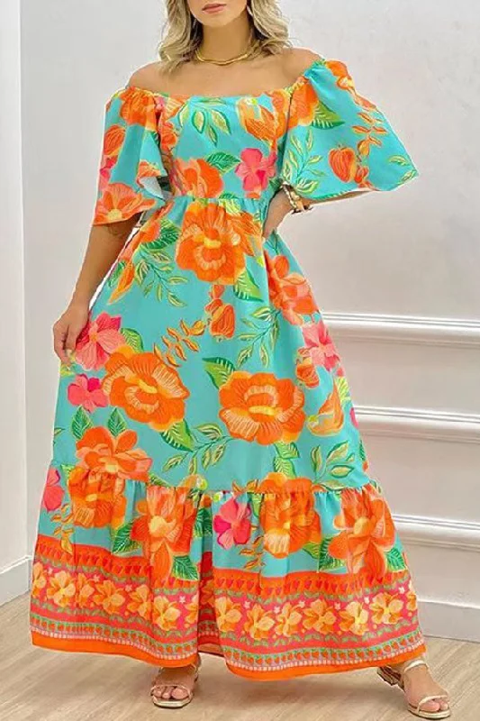 Floral Print Classic Tie Back Ruffle Maxi Dress Fashionable High-Waist Maxi Dress