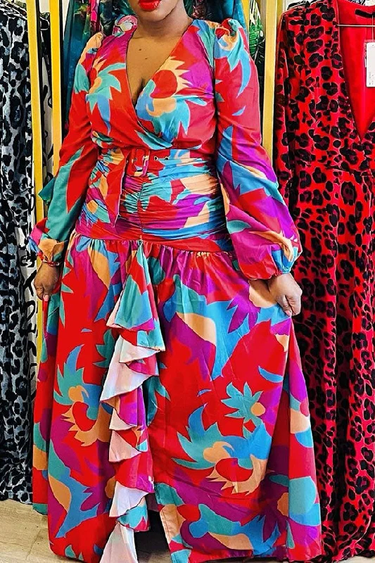 Floral Print Deep V Neck Rocking Ruffle Maxi Dress Elegant Maxi Dress with Ruffles