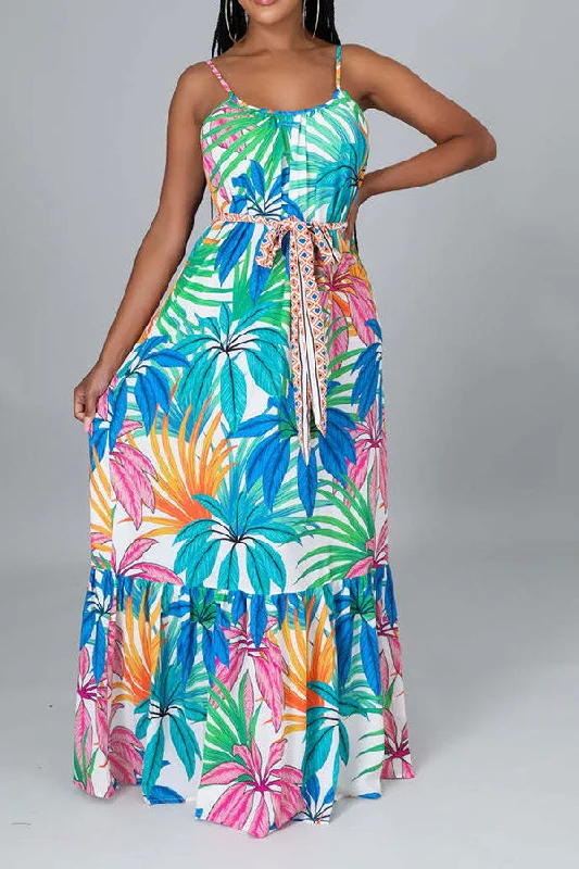 Floral Print Glamorous Lace-Up Ruffle Hem Maxi Dress Elegant Floral Maxi Dress
