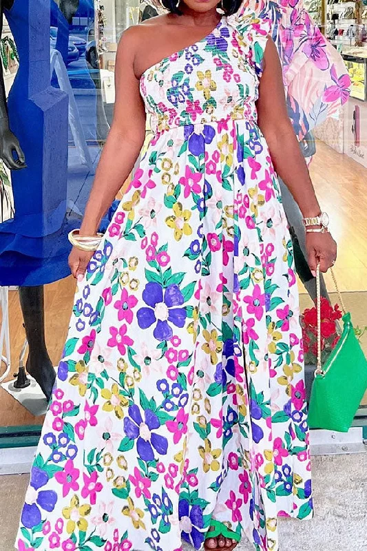 Floral Print Sweet Ruffle One Shoulder Maxi Dress Trendy Maxi Dress with Lace