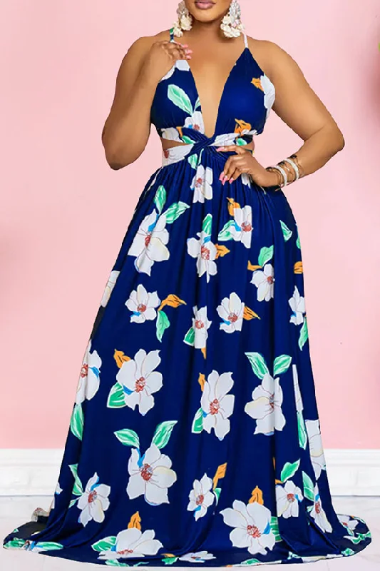 Flower Print Romantic Cutout Strappy Back Maxi Dress Trendy Ruffled Maxi Dress