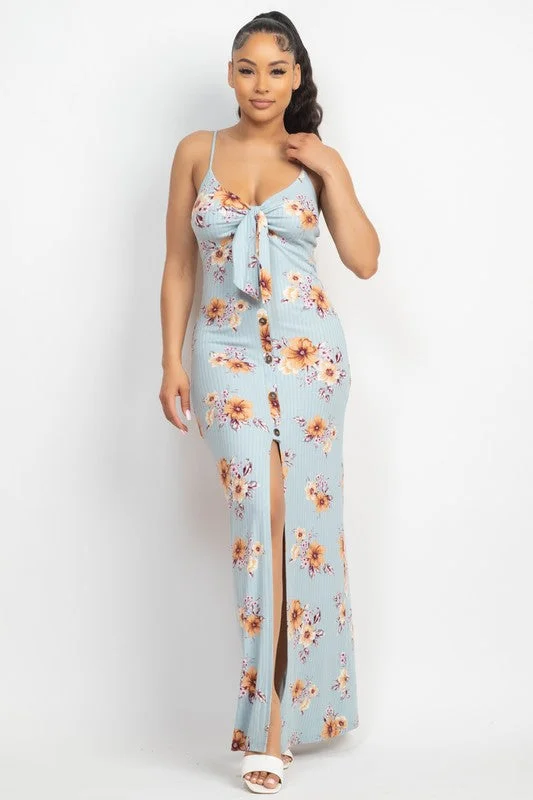 Front Tie Buttoned Floral Maxi Dress Stylish Pleated A-Line Maxi Dress