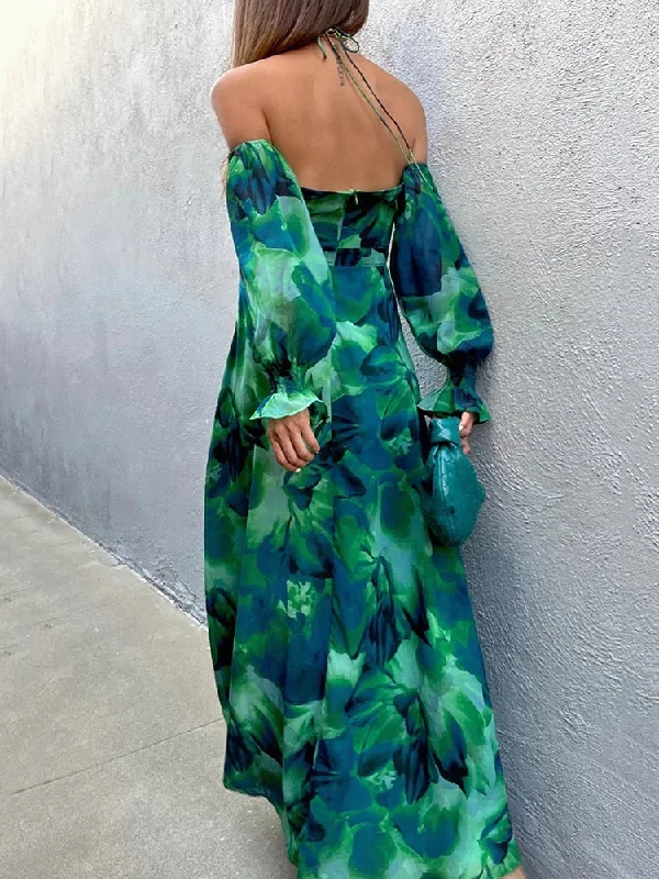 Green Halter Print Backless Maxi Dress For Women Summer New Beach Off-shoulder Thigh High Split Printing Long Dress Vestido Stylish Empire Waist Maxi Dress Green Halter Print Backless Maxi Dress For Women Summer New Beach Off-shoulder Thigh High Split Printing Long Dress Vestido Stylish Empire Waist Maxi Dress