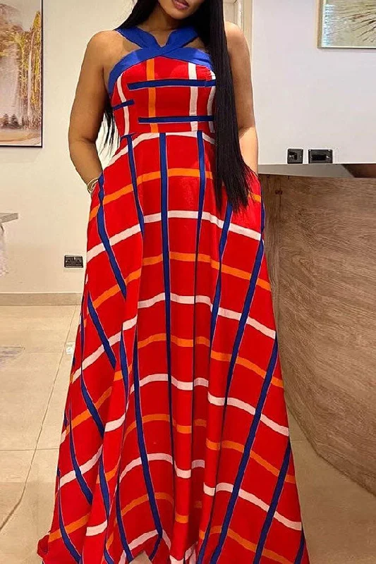 Grid Patchwork Modern Flowy Maxi Dress Fashionable Layered Maxi Dress