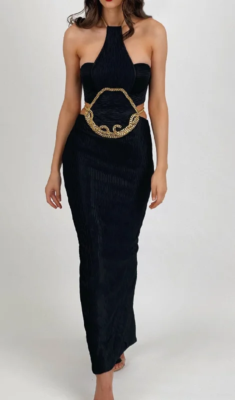 HALTER CHAIN MAXI DRESS IN BLACK Classic Strapless Maxi Dress