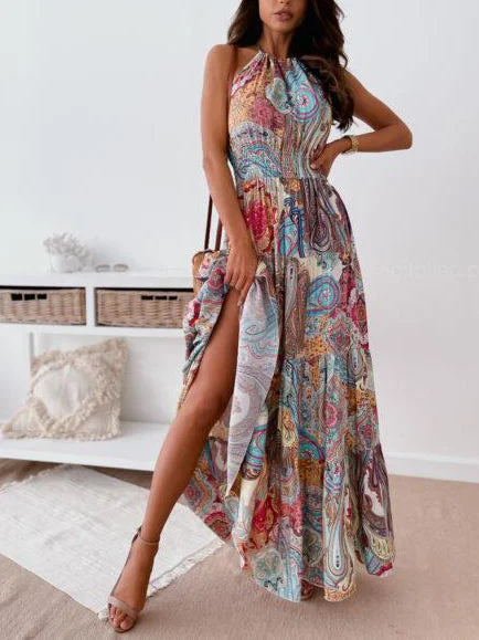 Halter Neck Sleeveless Elastic Waist Maxi Dress Elegant Wraparound Maxi Dress