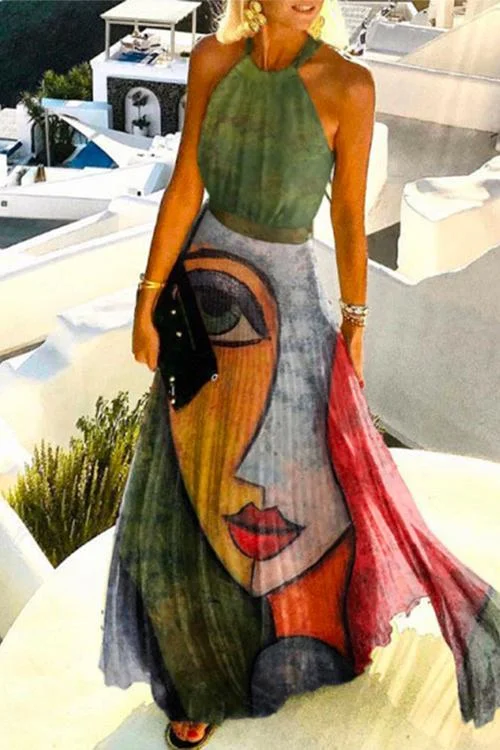 Sleeveless Halter Abstract Printed Pleated Maxi Dress Cozy Ruffle Sleeve Maxi Dress