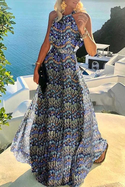 Sleeveless Halter Waisted Printed Flowy Maxi Dress Cozy Ribbed Maxi Dress