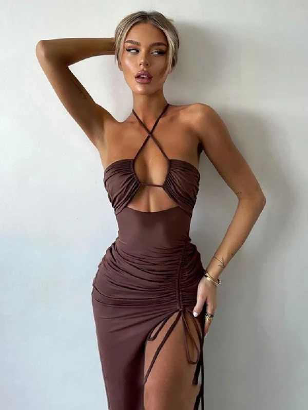 Hot Summer Sexy Halter Backless Sleeveless Cut Out Maxi Dress for Women Elegant Club Party Slit Dresses Casual Maxi Dress with Pockets Hot Summer Sexy Halter Backless Sleeveless Cut Out Maxi Dress for Women Elegant Club Party Slit Dresses Casual Maxi Dress with Pockets