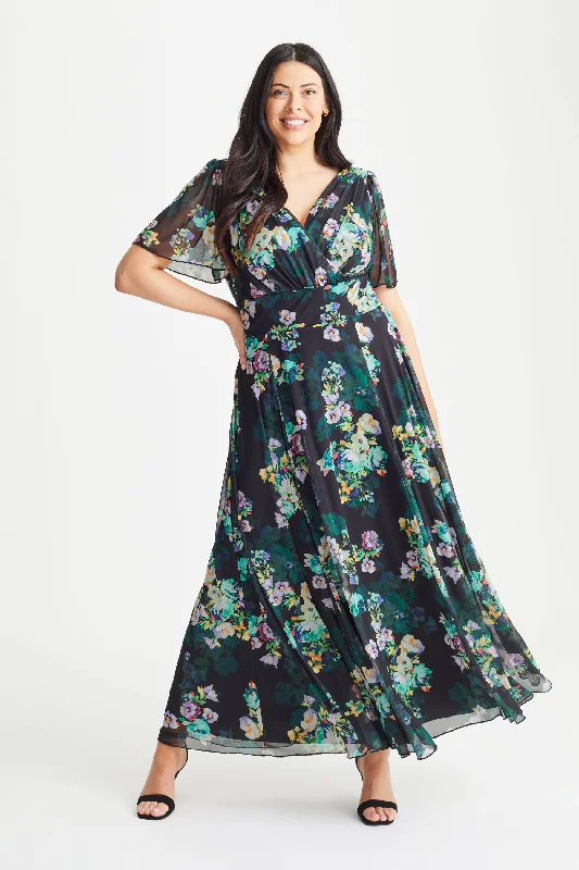 Isabelle Black Blue Float Sleeve Maxi Dress Cozy Open-Back Maxi Dress