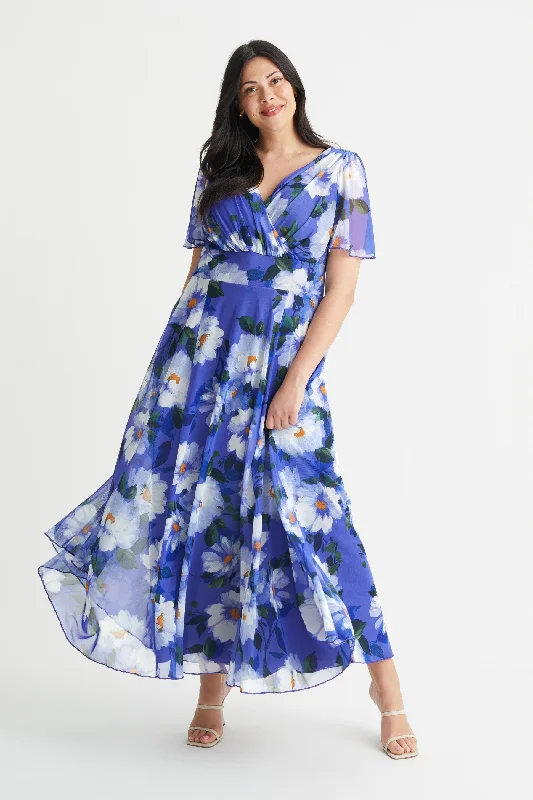 Isabelle Blue Daisy Float Sleeve Maxi Dress Chic Summer Floral Maxi Dress