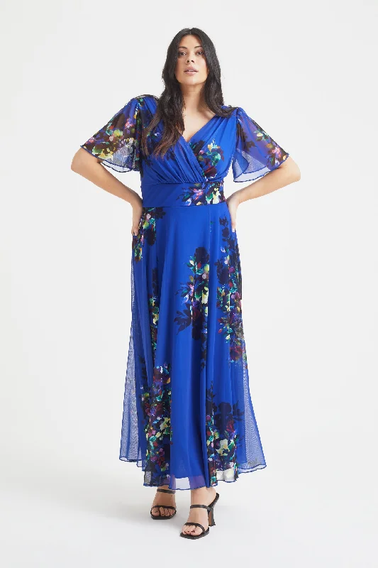 Isabelle Blue Multi Floral Float Sleeve Maxi Dress Classic V-Neck Maxi Dress
