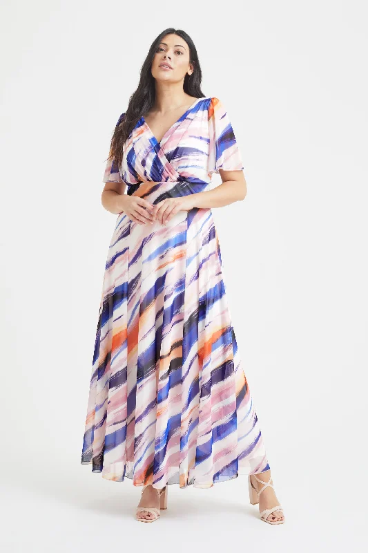 Isabelle Cream Multi Brush Float Sleeve Maxi Dress Comfortable Plunging Neckline Maxi Dress