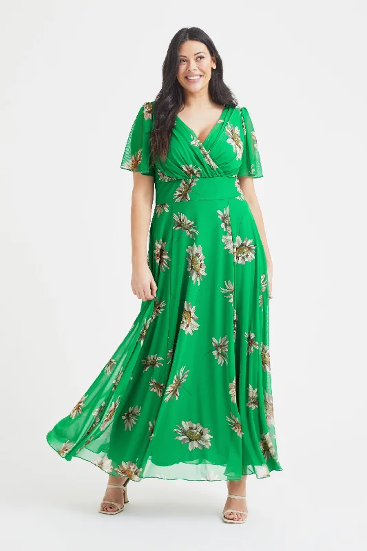 Isabelle Green Sunflower Float Sleeve Maxi Dress Elegant Pleated Maxi Dress