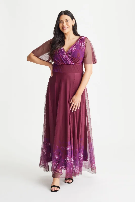 Isabelle Magenta Border Floral Float Sleeve Maxi Dress Chic Off-Shoulder Maxi Dress