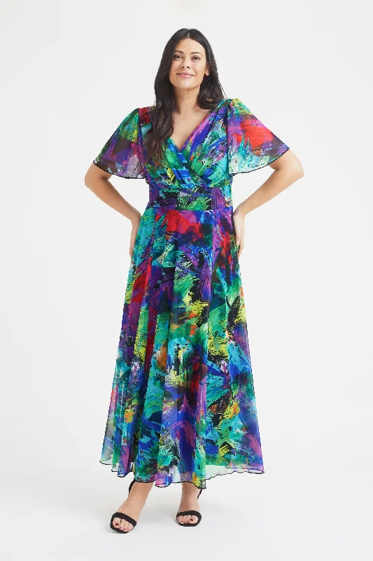 Isabelle Multi Brush Float Sleeve Maxi Dress Trendy Maxi Dress with Bow