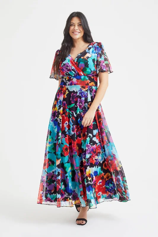 Isabelle Multi Floral Float Sleeve Maxi Dress Fashionable Layered Maxi Dress