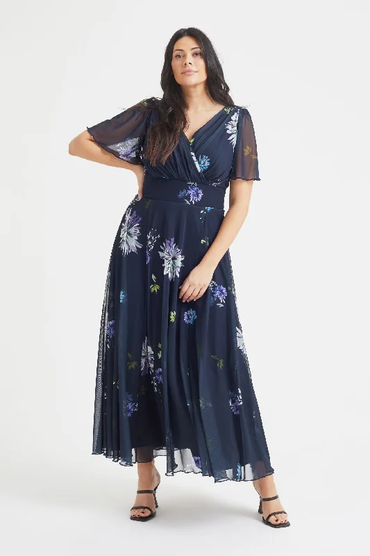 Isabelle Navy Dandelion Float Sleeve Maxi Dress Comfortable Cotton Maxi Dress