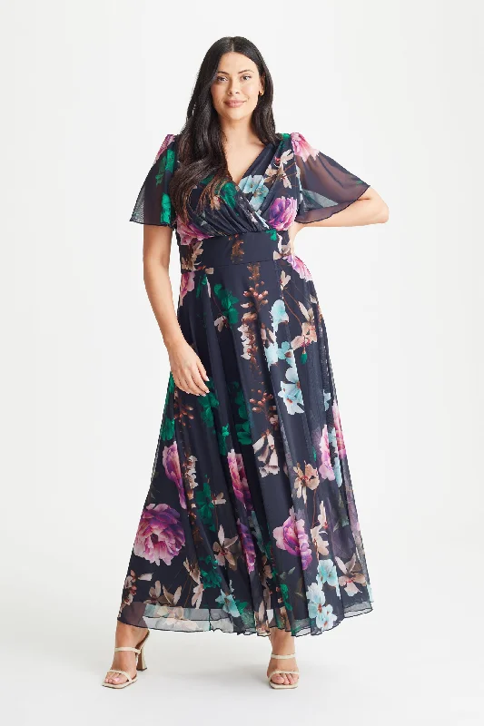Isabelle Navy Magenta Float Sleeve Maxi Dress Fashionable Printed Maxi Dress