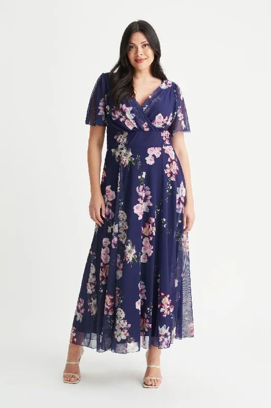 Isabelle Navy Pink Flower Float Sleeve Maxi Dress Chic Sleeveless Maxi Dress