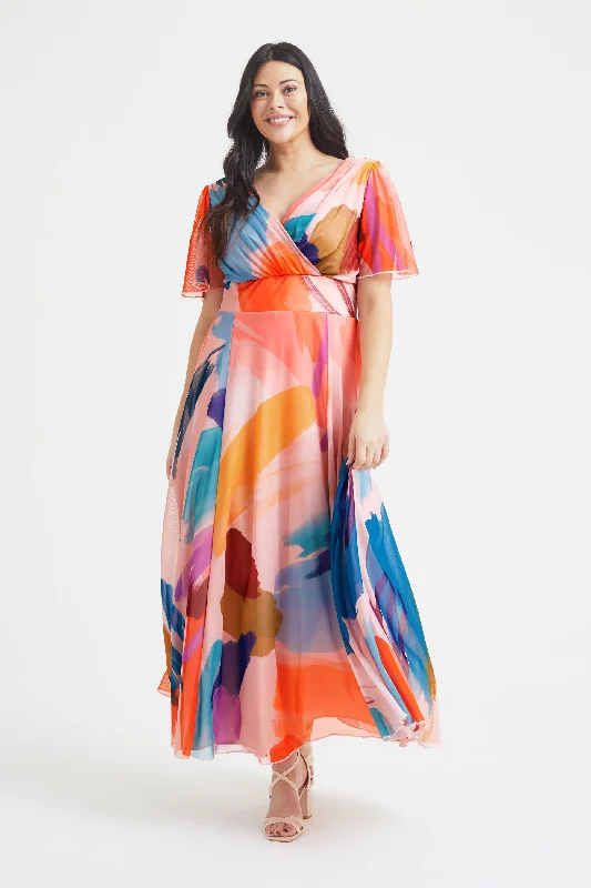 Isabelle Peach Multi Float Sleeve Maxi Dress Cozy Wrap Maxi Dress