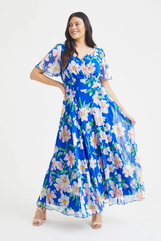 Isabelle Royal Blue Pink Float Sleeve Maxi Dress Classic Solid Maxi Dress