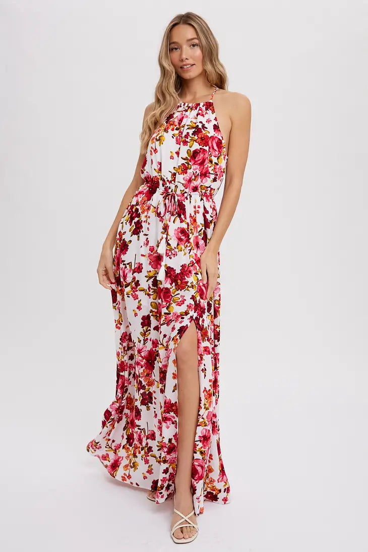 Ivory Floral Print Halter Neck Maxi Dress Fashionable Maxi Dress with Fringe