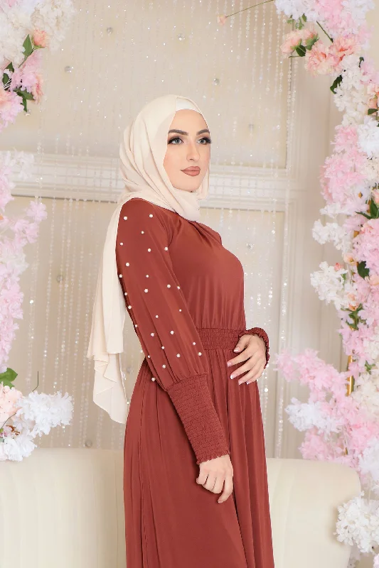 Kylie Pearls Spandex Maxi Dress- Burnt Orange Comfortable T-Shirt Maxi Dress