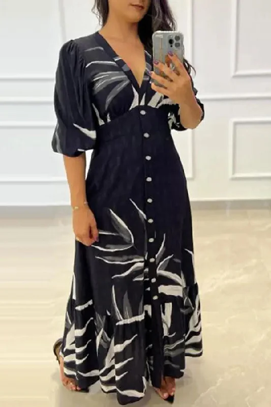 Leaf Print Funky Tiered Maxi Dress Comfortable Bohemian Maxi Dress