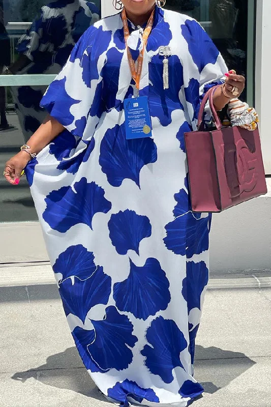 Leaf Print Laid Back Pussy Bow Maxi Dress Elegant Floral Maxi Dress