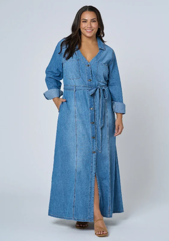 Leah Chambray Maxi Dress Elegant Maxi Dress with Ruffles