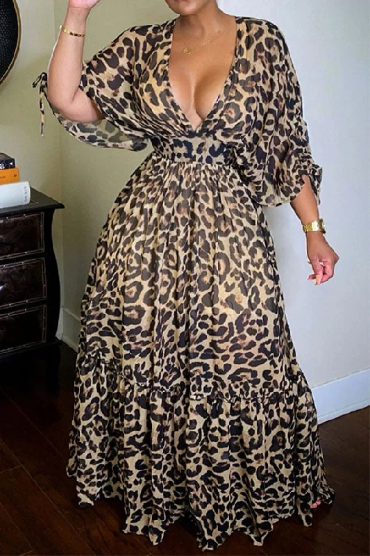 Leopard Print Classic Maxi Dress Trendy Fit-and-Flare Maxi Dress