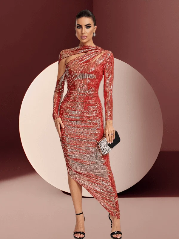 Long Sleeve Mirrored Ruched Maxi Dress Red Gold Comfortable Casual Maxi Dress