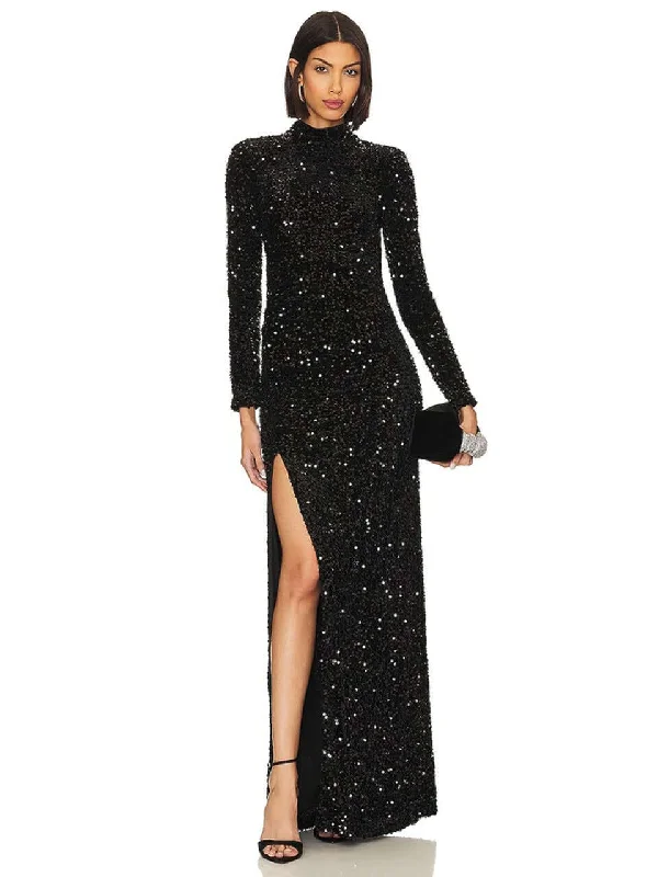 Long Sleeve Sequin Backless Maxi Dress Black Fashionable Sleeveless Maxi Dress