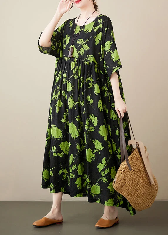 Loose Green Print Wrinkled Cotton Maxi Dresses Summer Trendy Short Sleeve Maxi Dress Loose Green Print Wrinkled Cotton Maxi Dresses Summer Trendy Short Sleeve Maxi Dress