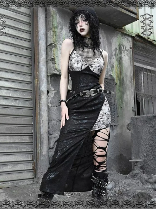 Mesh Panel Velvet Maxi Dress Comfortable T-Shirt Maxi Dress