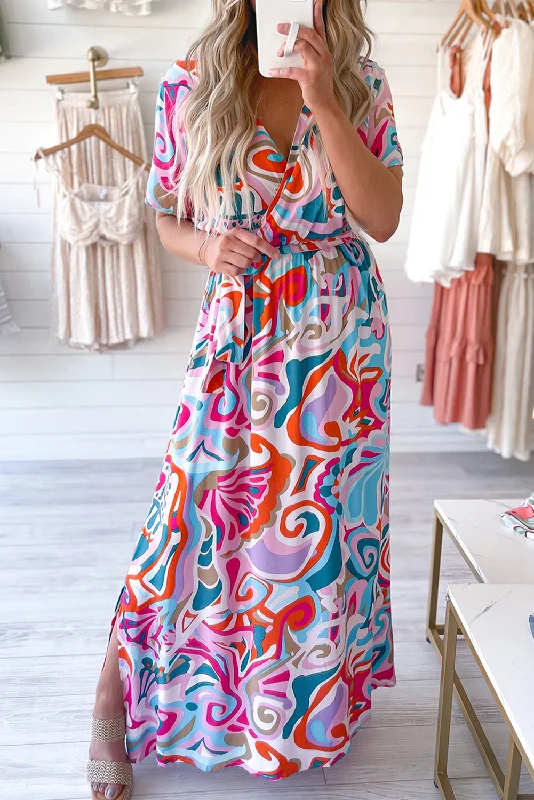 Multicolor Abstract Printed Wrap V Neck Belted Maxi Dress Classic Black Maxi Dress
