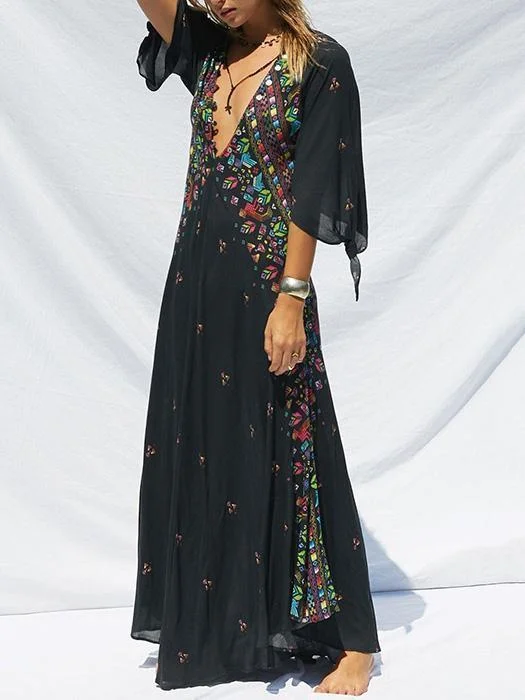 New PRINT DEEP V NECK BOHEMIA BEACH MAXI DRESS Elegant Tiered Maxi Dress