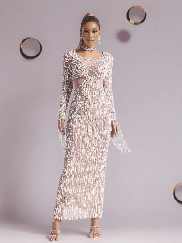 Pearl Embellished Sequin Maxi Dress Nude Comfortable Bohemian Maxi Dress