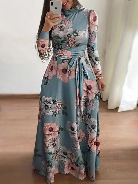 Casual Long Sleeve Boho Flower Print Long Maxi Dress Elegant Maxi Dress with Belt
