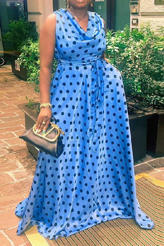 Polka Dot Cowl Neck On-trend Belted Maxi Dress Fashionable High-Low Maxi Dress