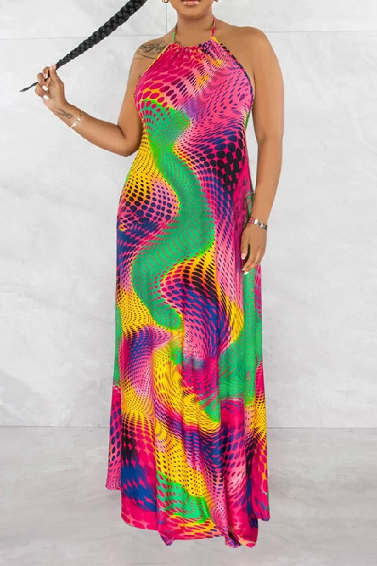 Polka Dot Gradient Beachy Backless Maxi Dress Comfortable Fit-and-Flare Maxi Dress