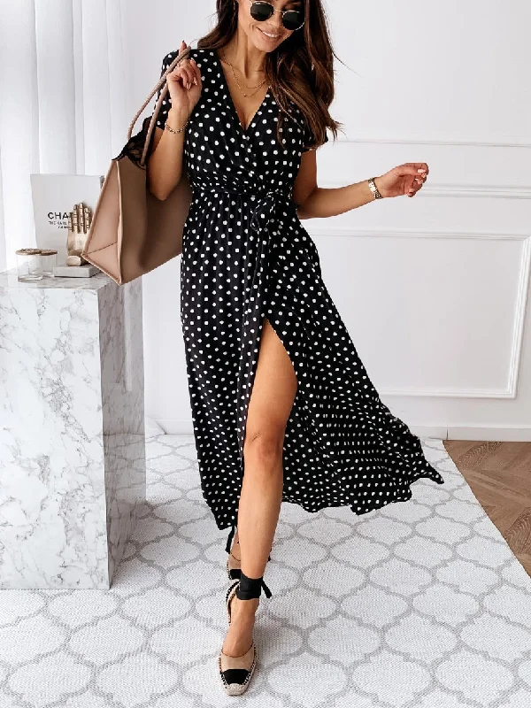 Polka Dot V Neck Side Split Short Sleeve Maxi Dress Trendy Fit-and-Flare Maxi Dress
