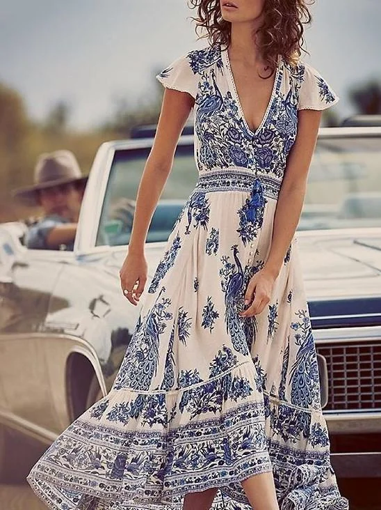 Printed V Neck Short Sleeve Vintage Beach Bohemia Maxi Dress Comfortable Casual Maxi Dress Printed V Neck Short Sleeve Vintage Beach Bohemia Maxi Dress Comfortable Casual Maxi Dress