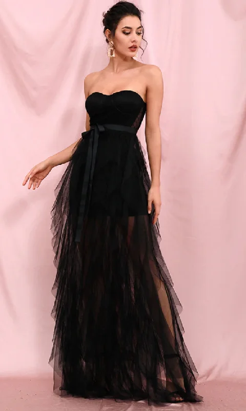 Queen Of Style <br><span>Black Strapless Sweetheart Neck Sheer Mesh Ruffle Tier Maxi Dress</span> Trendy Short Sleeve Maxi Dress