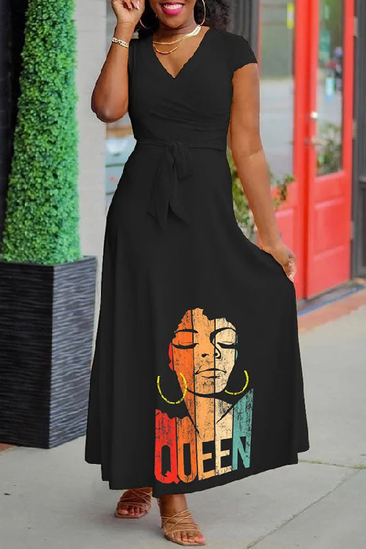 Queen Print Modern Belted Maxi Dress Elegant Maxi Dress with Lace