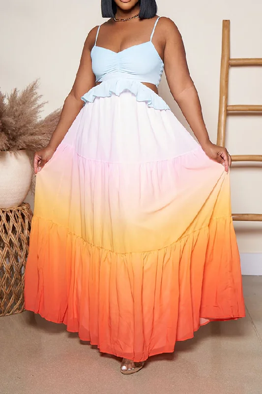 Rainbow Stunning Cutout Ruffle Tiered Maxi Dress Fashionable Maxi Dress with Fringe